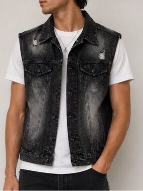 South Pole Men’s Black and Gray Distressed Denim Vest Size M